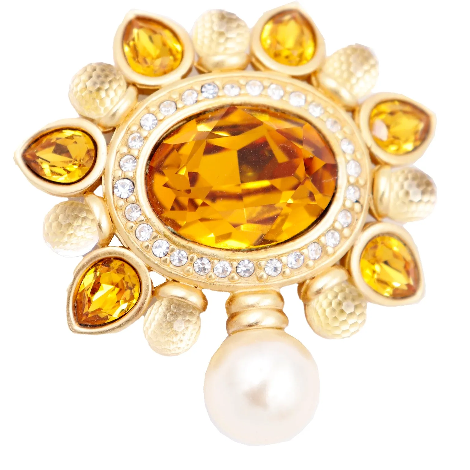 1990s Swarovski Faceted Amber & Clear Crystal Brooch w Pearl Drop