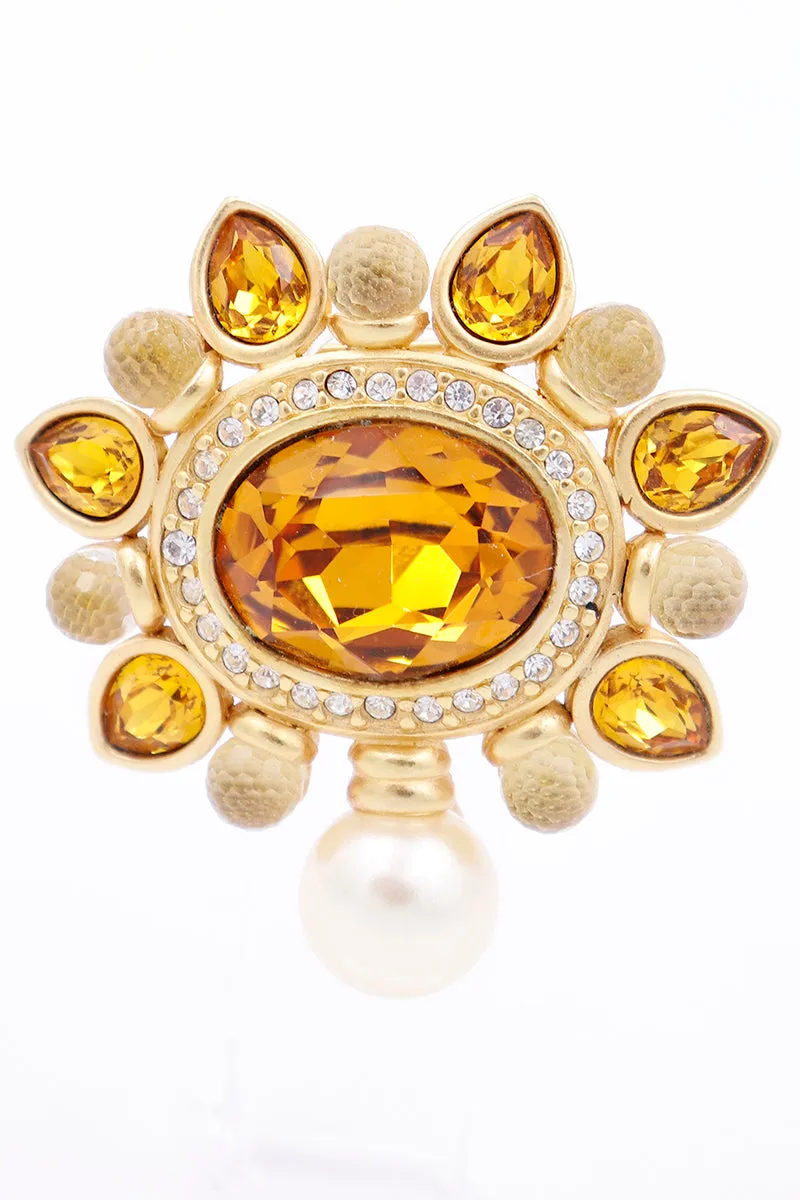 1990s Swarovski Faceted Amber & Clear Crystal Brooch w Pearl Drop