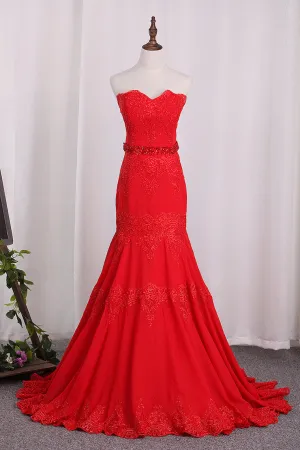 2024 Chiffon Mermaid Sweetheart Prom Dresses With Applique