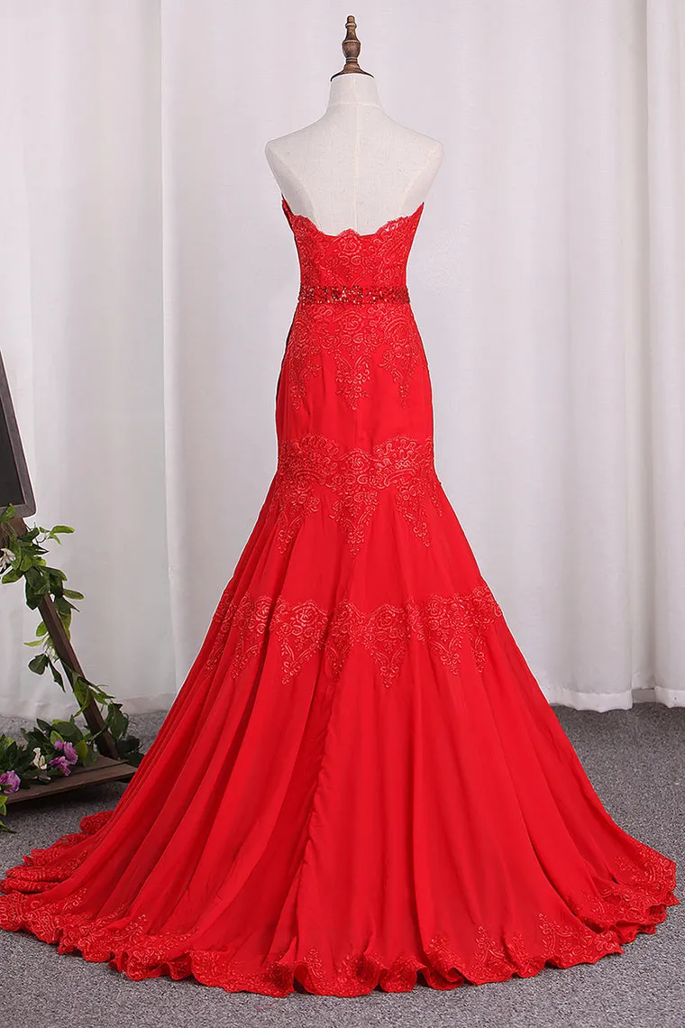 2024 Chiffon Mermaid Sweetheart Prom Dresses With Applique