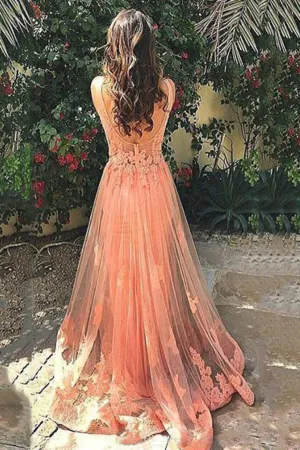 2024 Scoop Mermaid Tulle Prom Dresses With Applique Sweep Train