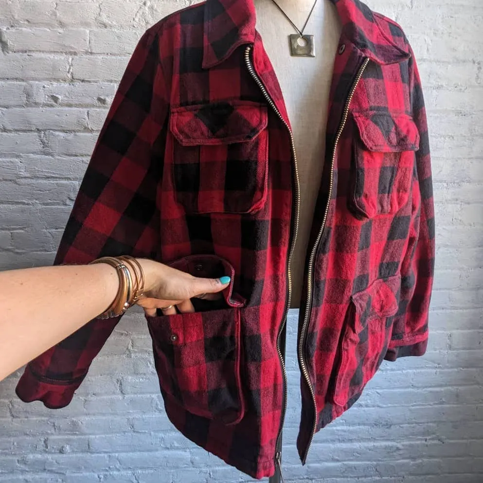 90s Vintage Dickies Red Buffalo Plaid Flannel Jacket Utility Sherpa Blanket Coat