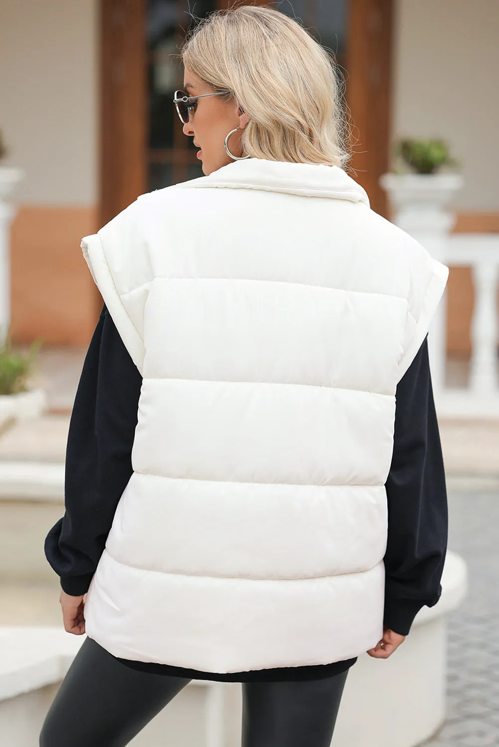 Beige Solid Zipper Stand Neck Oversized Puffer Vest