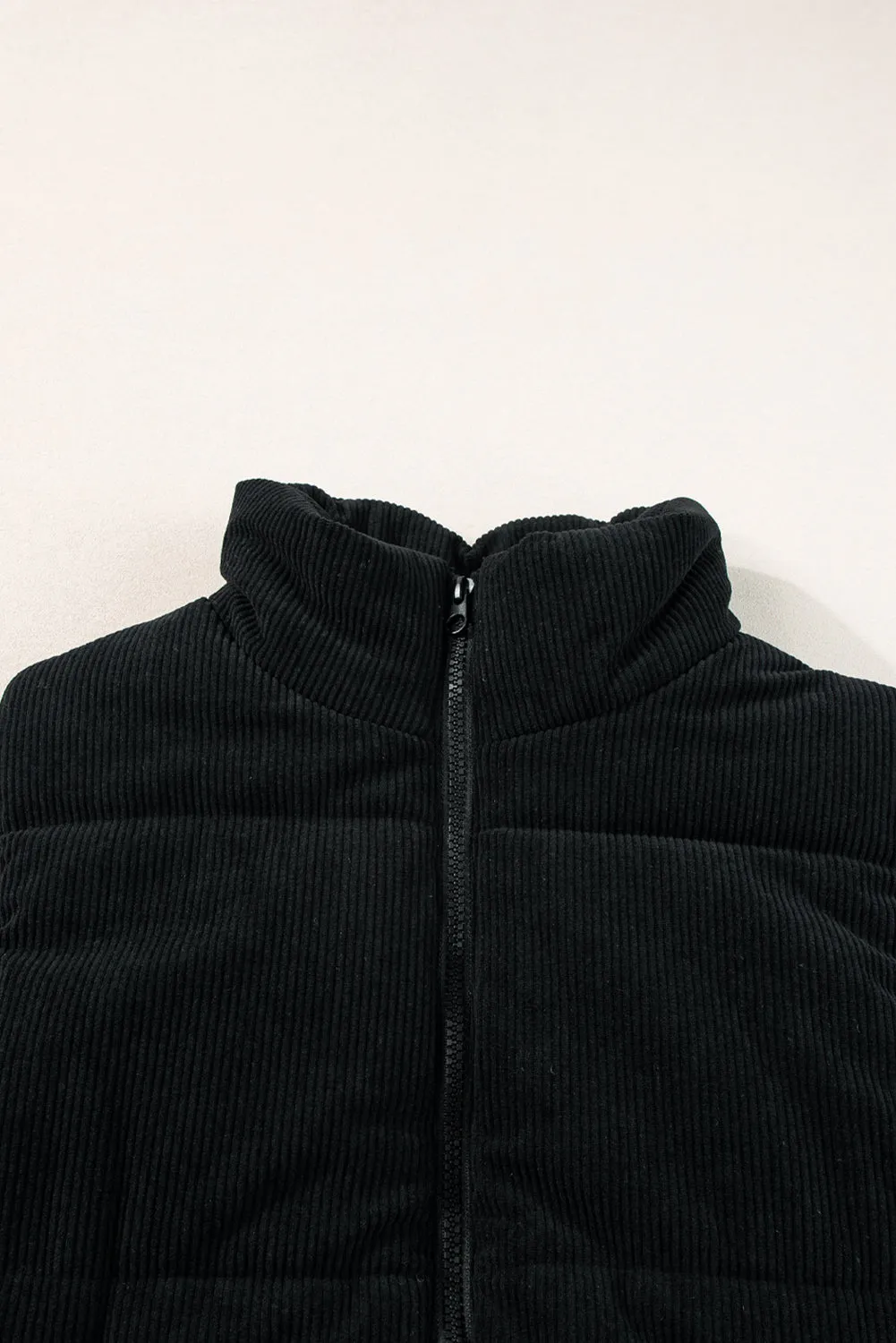 Black Corduroy Stand Neck Zipped Puffer Vest