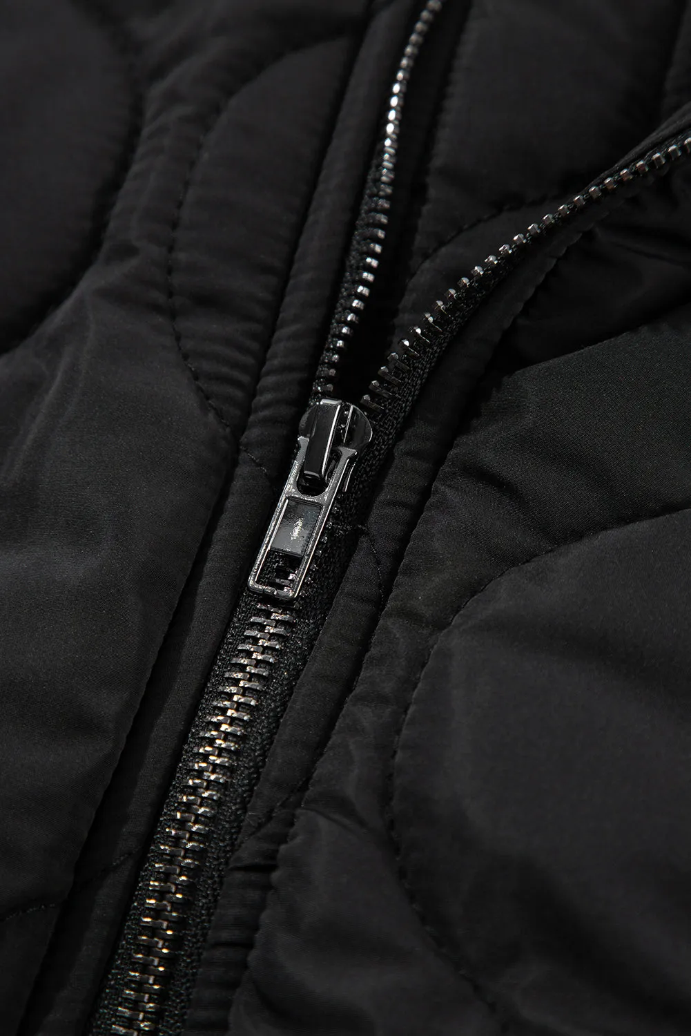 Black Quilted Drawstring Hooded Zip Up Puffer Vest