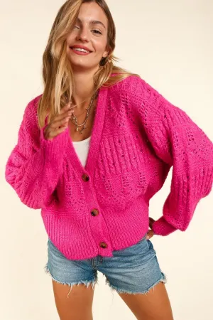 Button Down Crop Long Sleeve Cardigan in Fuchsia