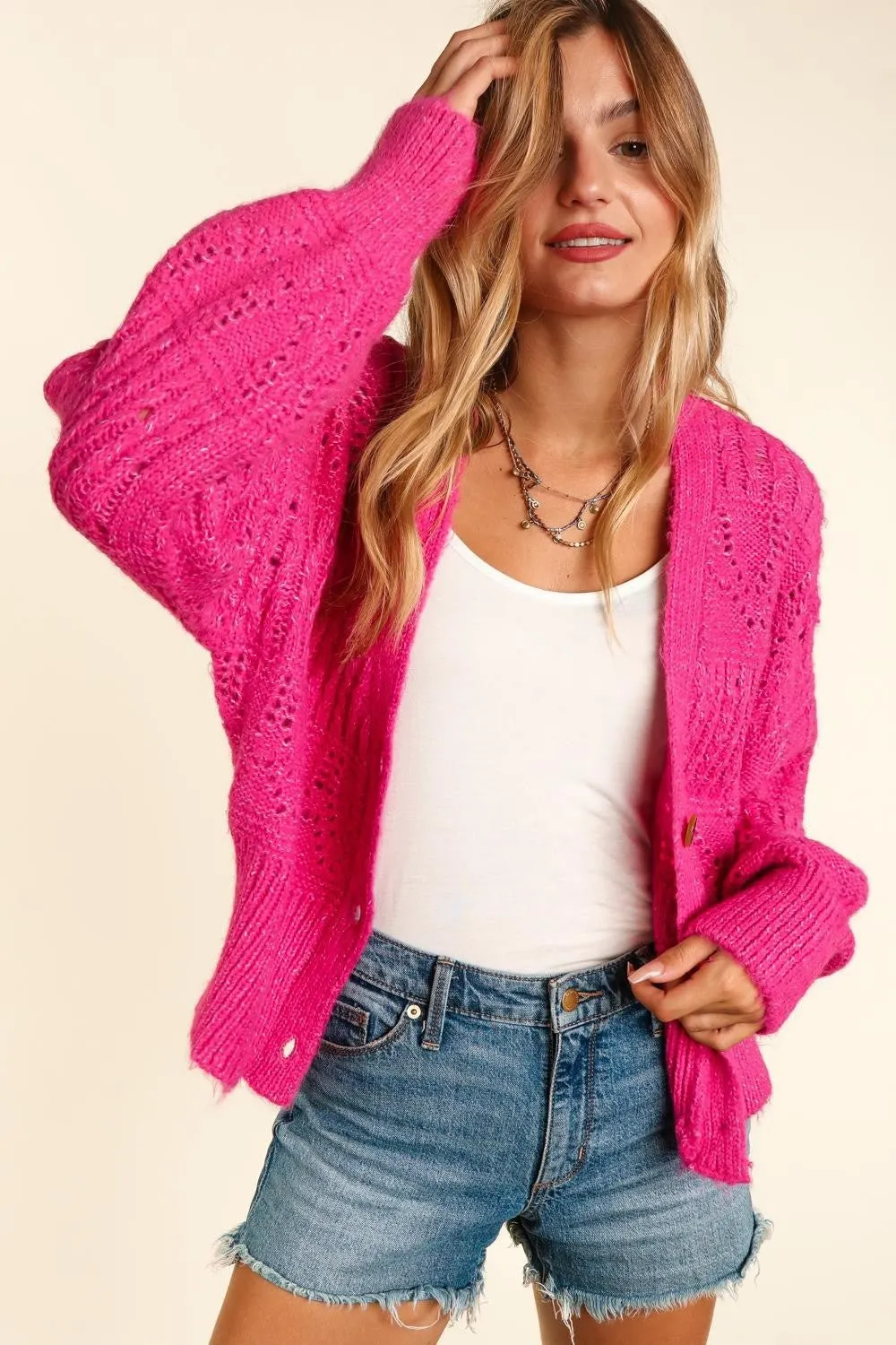 Button Down Crop Long Sleeve Cardigan in Fuchsia