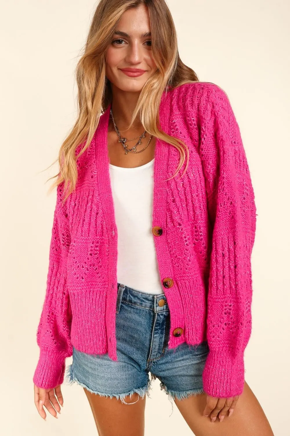 Button Down Crop Long Sleeve Cardigan in Fuchsia