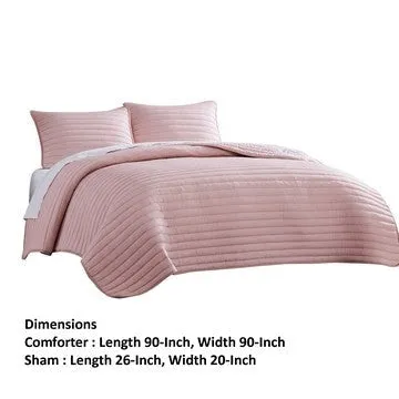 Cabe 3 Piece Queen Comforter Set, Polyester Puffer Channel Quilt, Rose Pink By Casagear Home