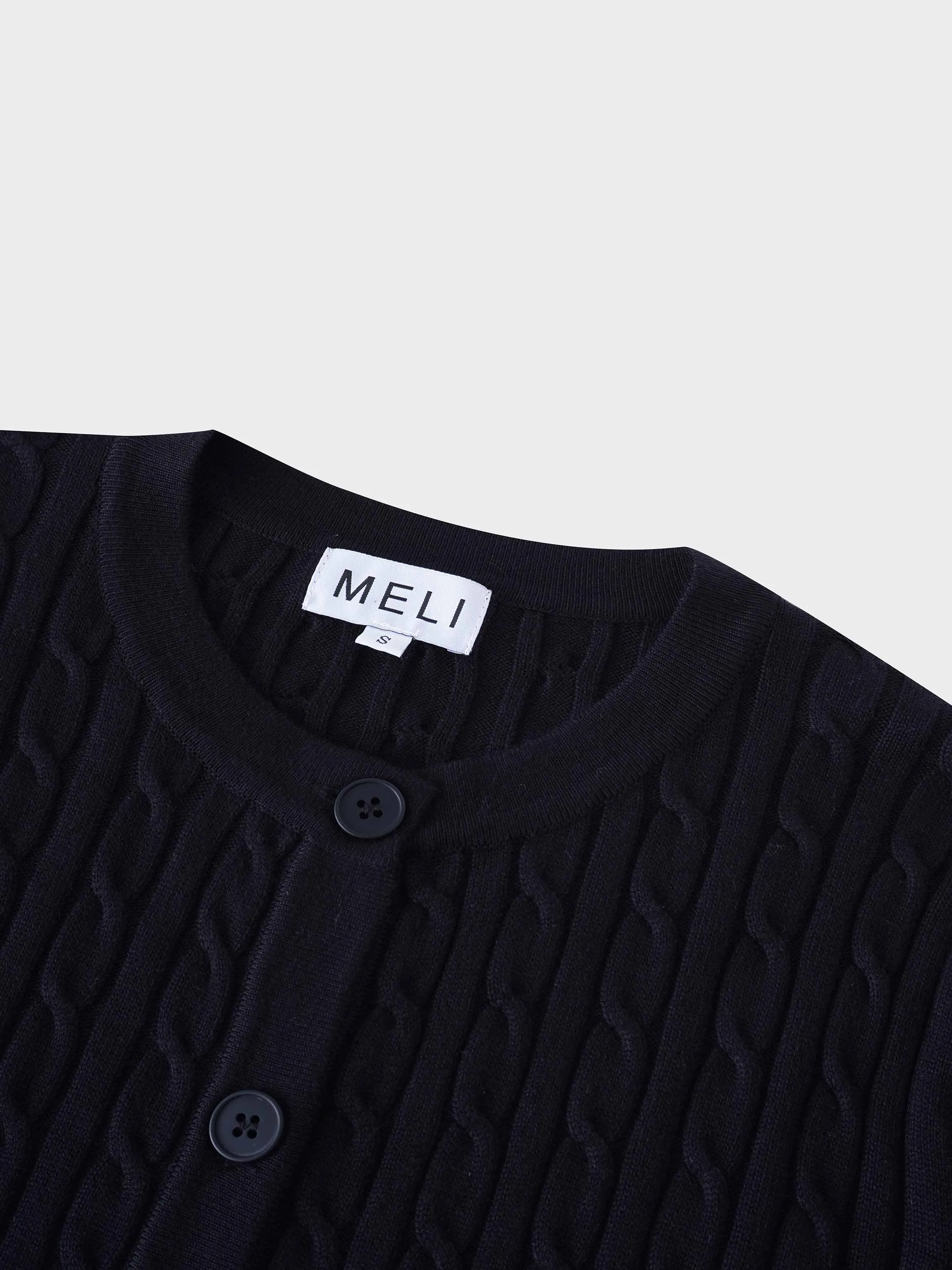 Cable Knit Crew Cardigan-Black