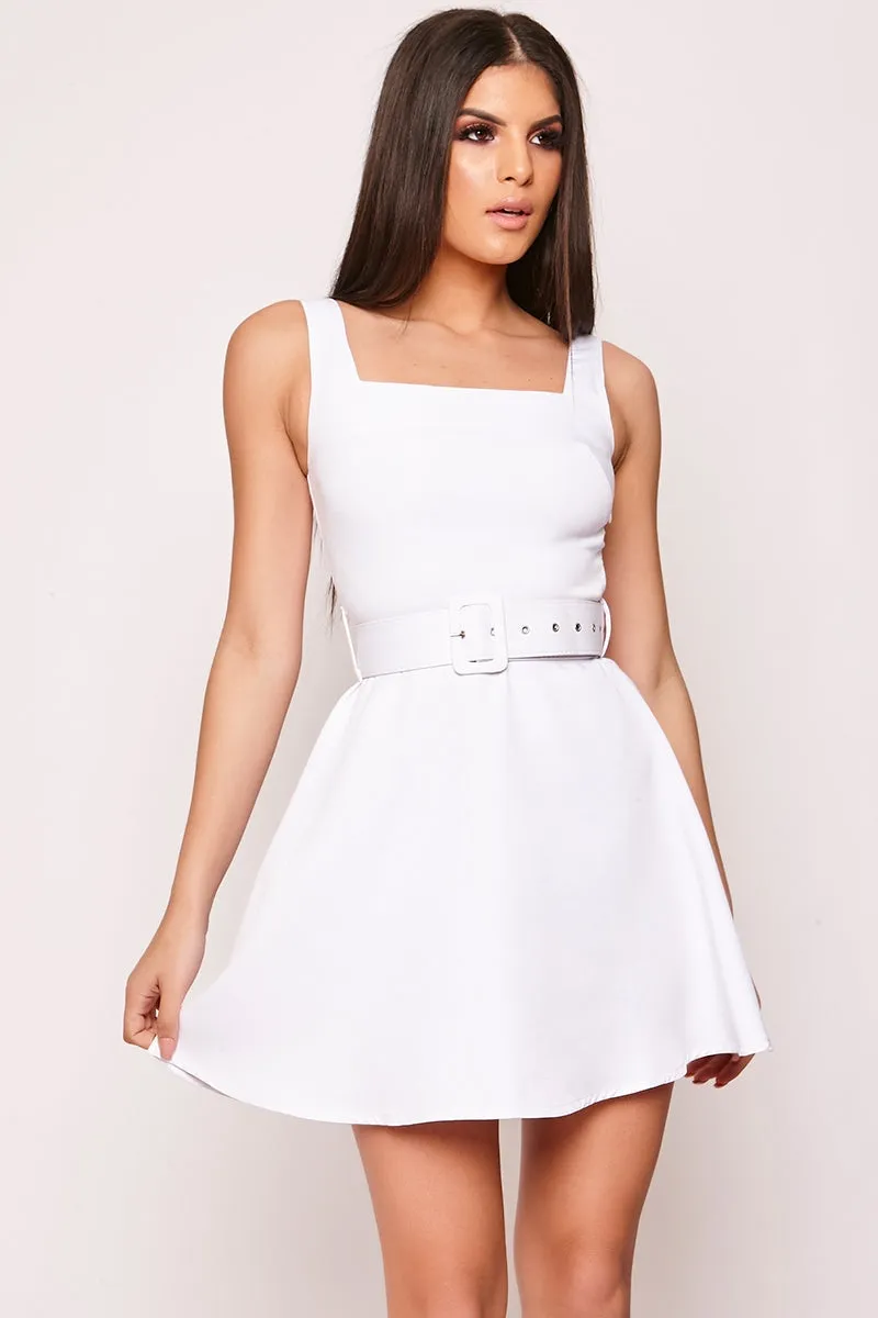 Caprio - White Belted Skater Dress