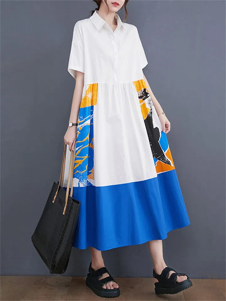 Chic Contrast Color Abstract Print Lapel Dress for Lady