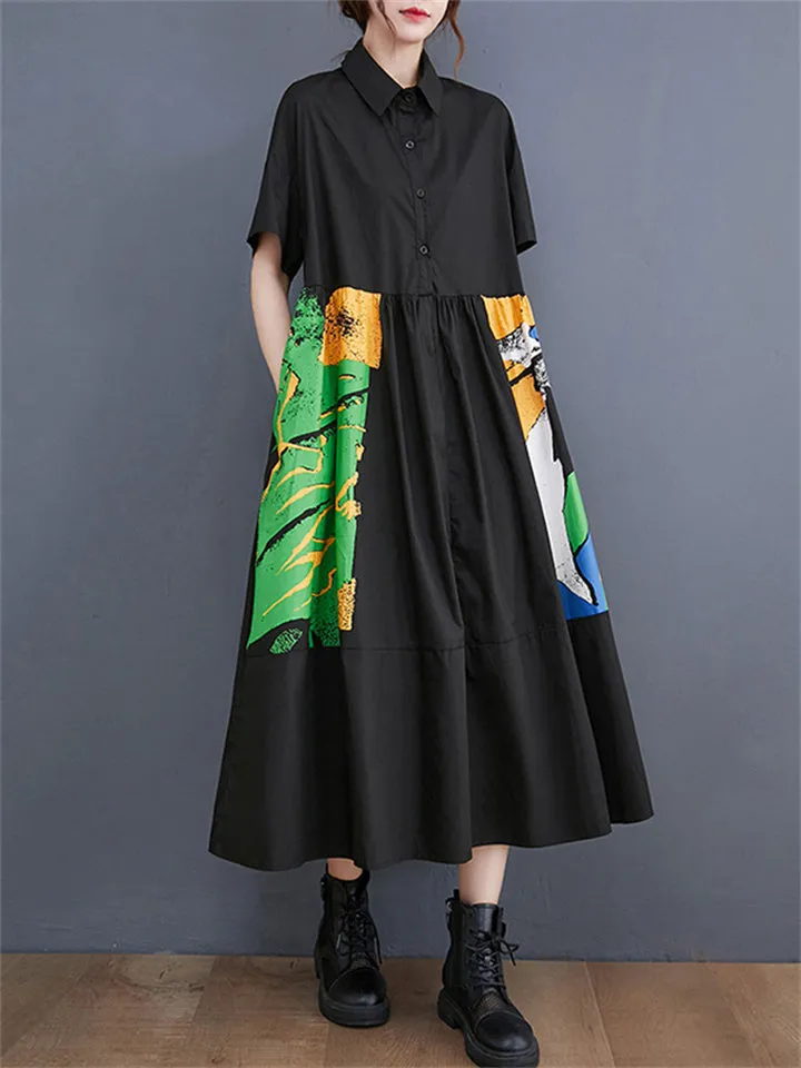 Chic Contrast Color Abstract Print Lapel Dress for Lady