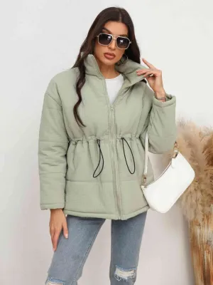 Drawstring Waist Zip-Up Puffer Jacket