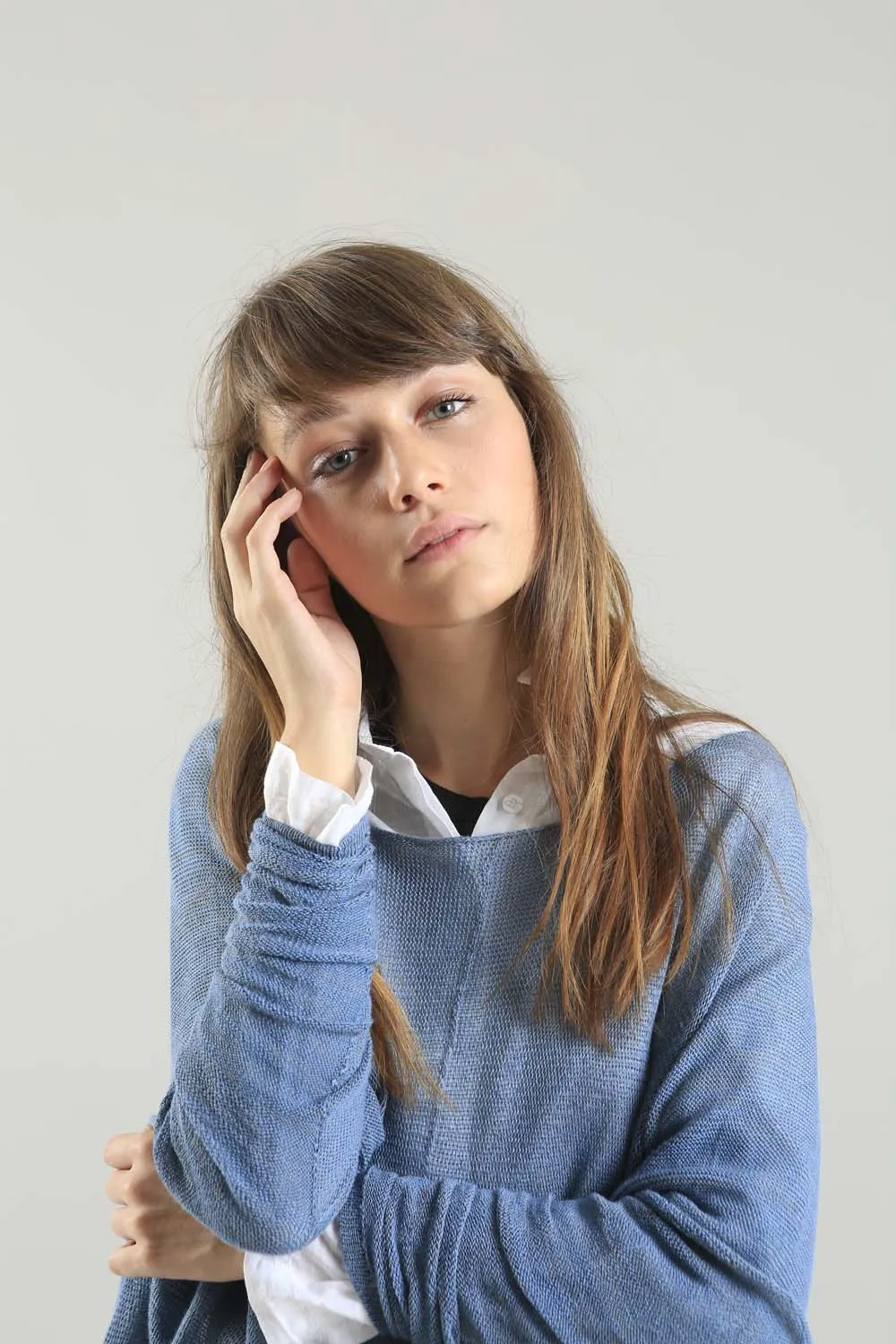 Dusty Blue boat neck Oversize knitted shirt with Long Sleeves