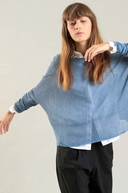 Dusty Blue boat neck Oversize knitted shirt with Long Sleeves