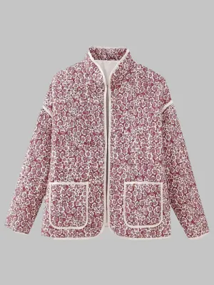 Floral Open Front Puffer Jacket with Pockets