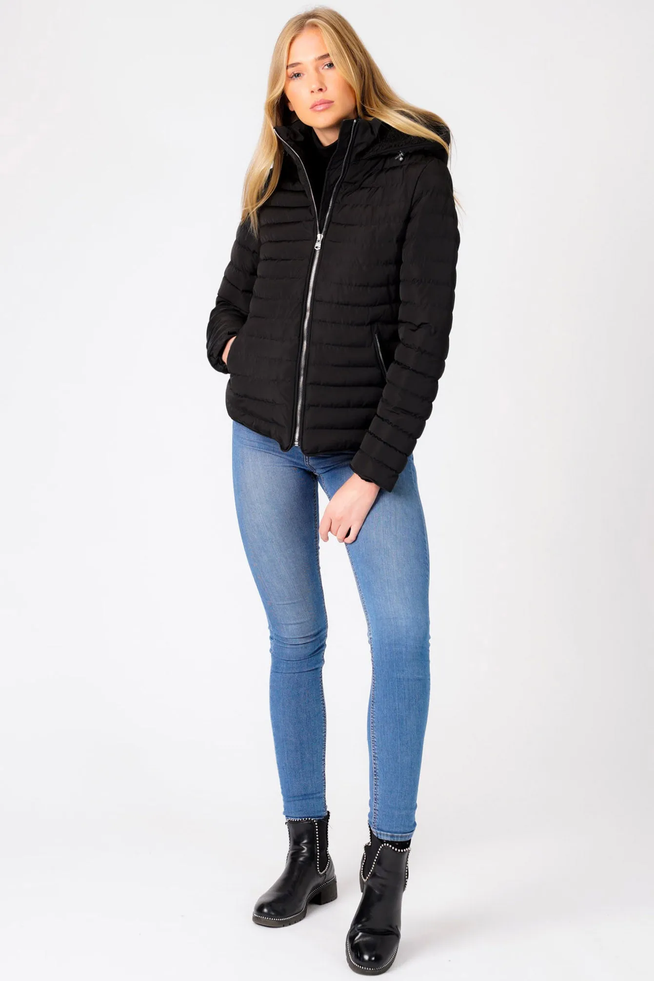 Geri Borg Lined Quilted Puffer Coat with Hood In Black - Tokyo Laundry