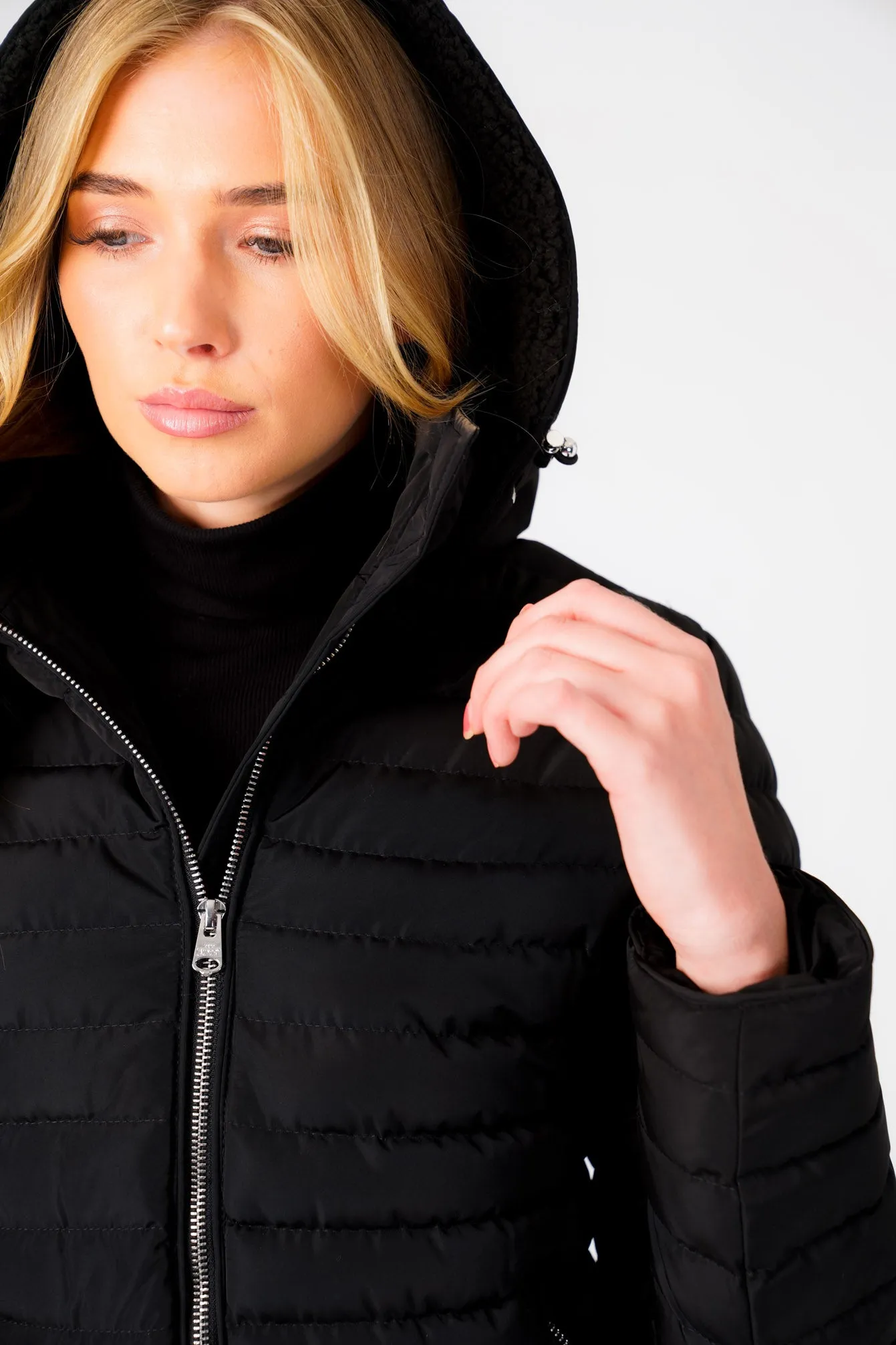 Geri Borg Lined Quilted Puffer Coat with Hood In Black - Tokyo Laundry