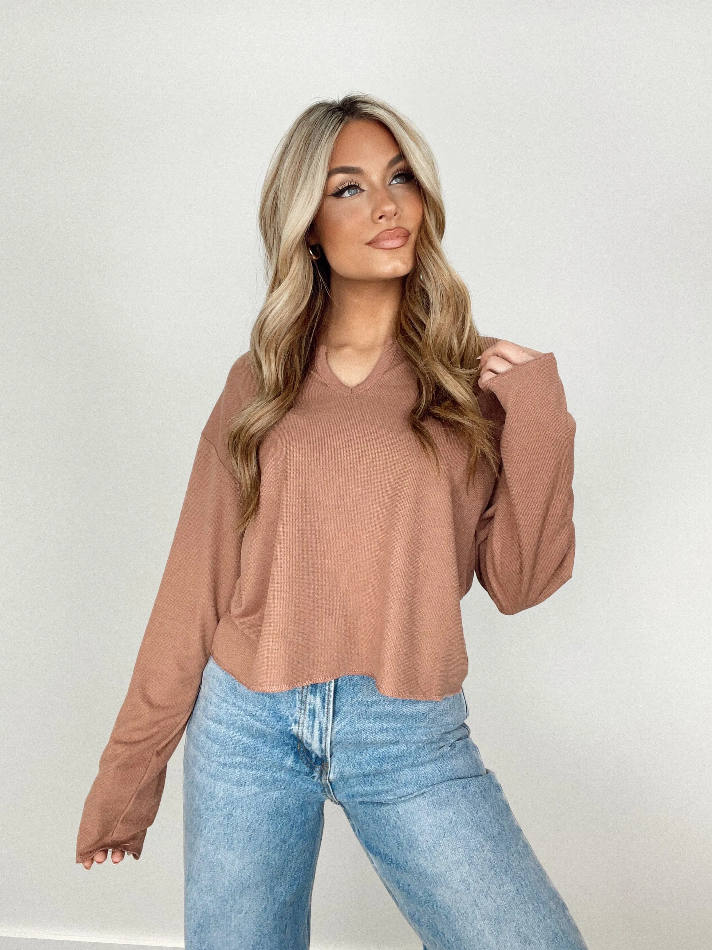 Mocha Waffle Knit Notch Top