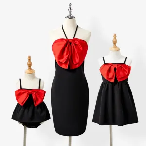 Mommy and Me Large Bow Tie Bodycon Halter Dresses