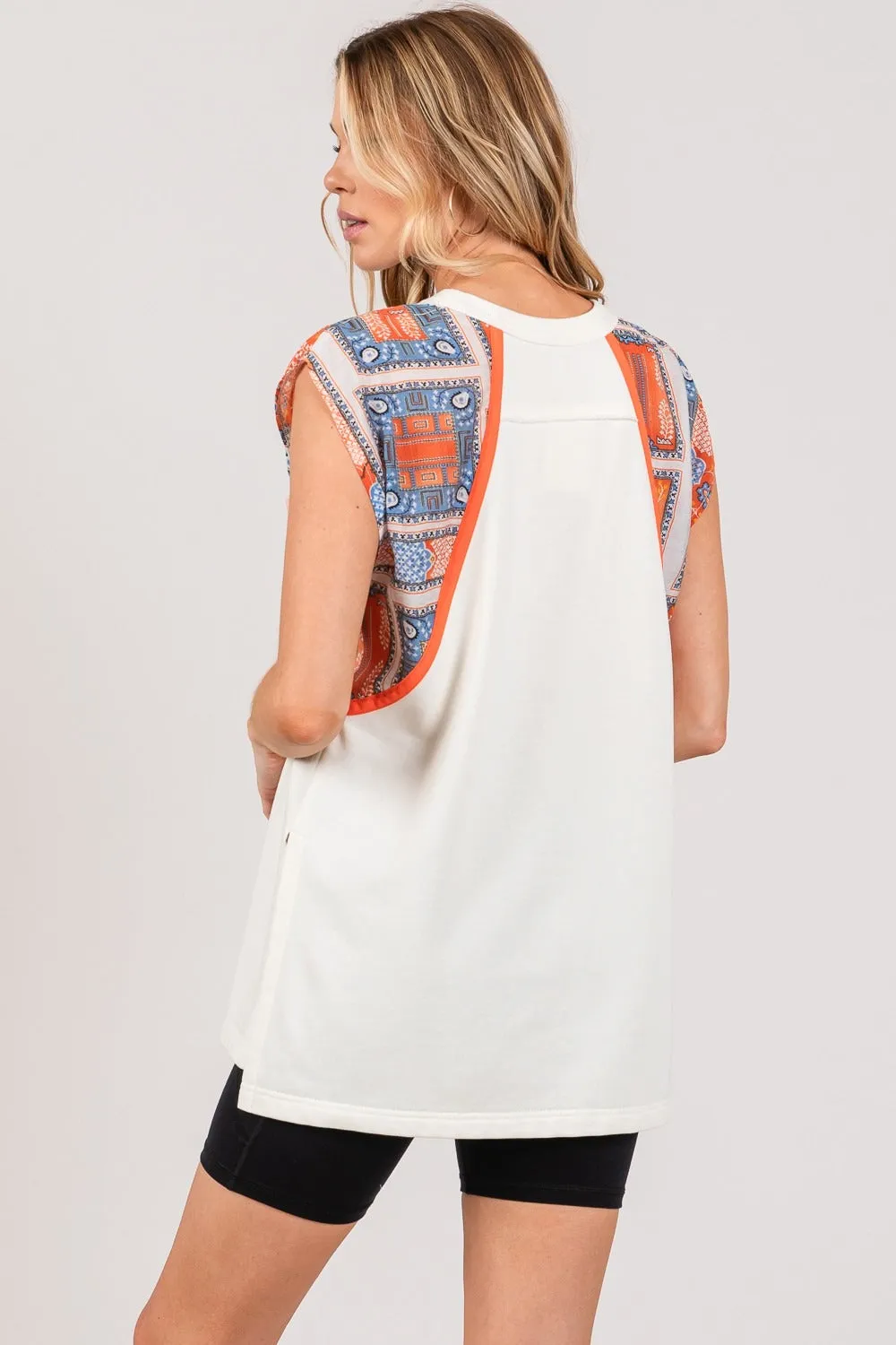 Patch Print Side Slit Sleeveless Top