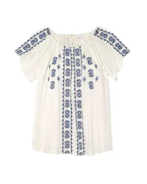 Priya Short Flutter Sleeve Woven Embroidered Blouse | White