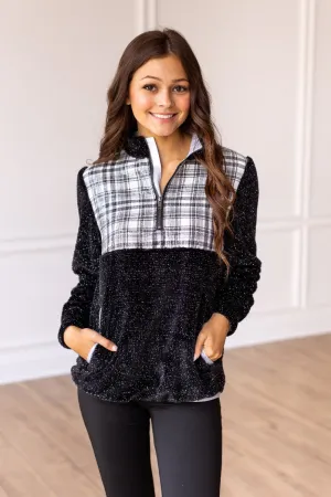 Pumpkin Patch Ready Black Gingham Sherpa Half Zipper