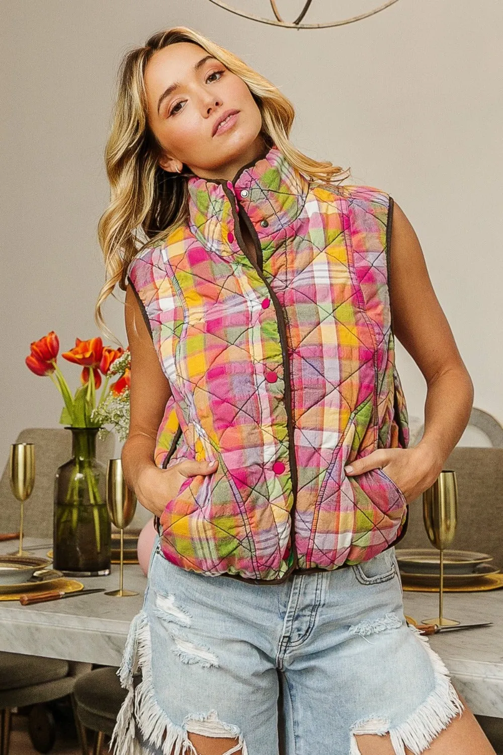 Quilted Washed Plaid Snap Down Vest - Classic & Secure Pink Multi Color