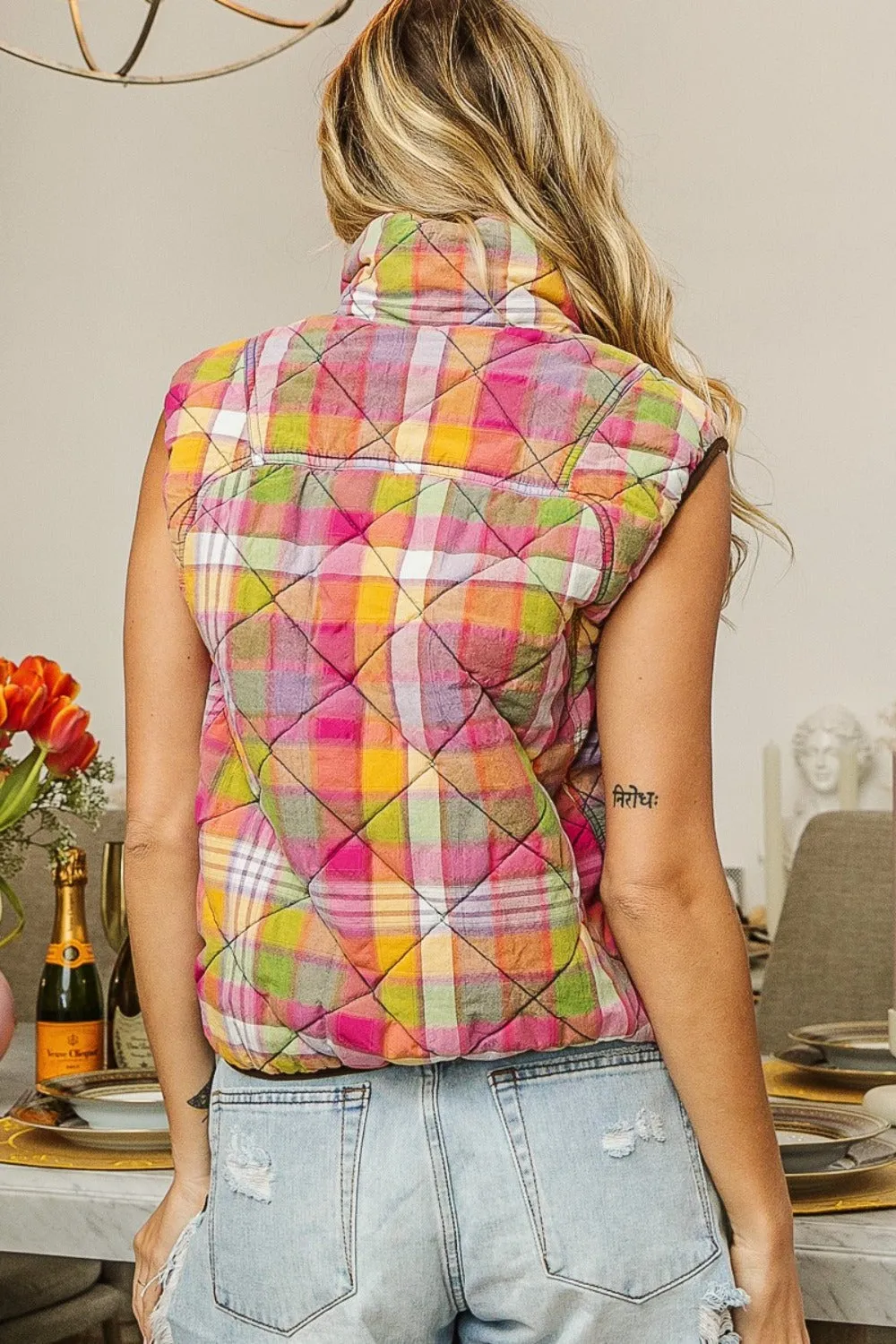 Quilted Washed Plaid Snap Down Vest - Classic & Secure Pink Multi Color