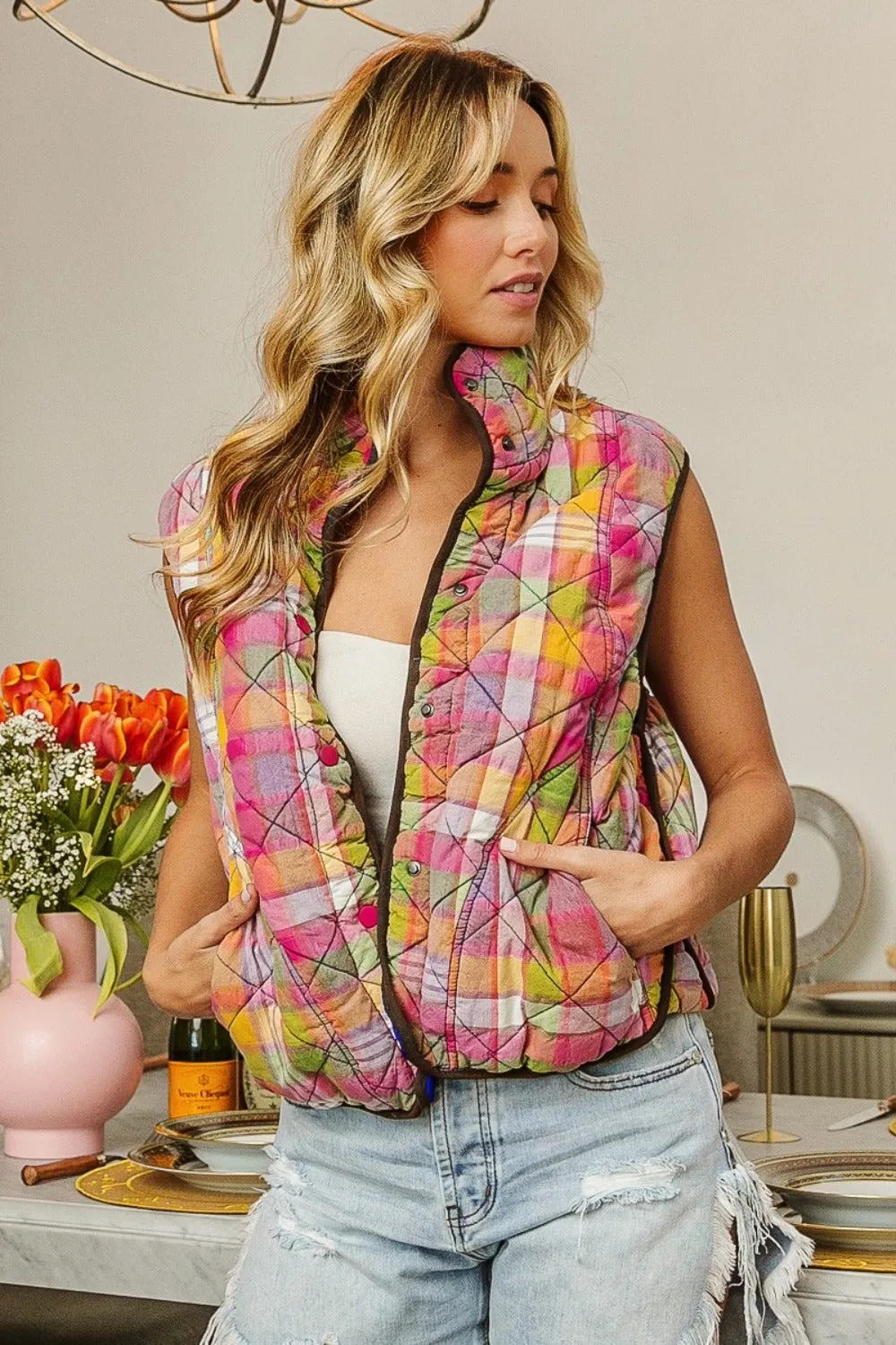 Quilted Washed Plaid Snap Down Vest - Classic & Secure Pink Multi Color