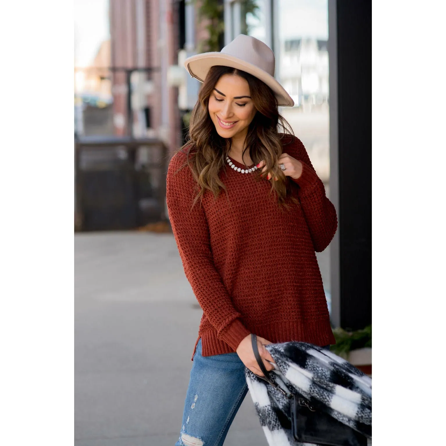 Ribbed Knit Side Slit Sweater