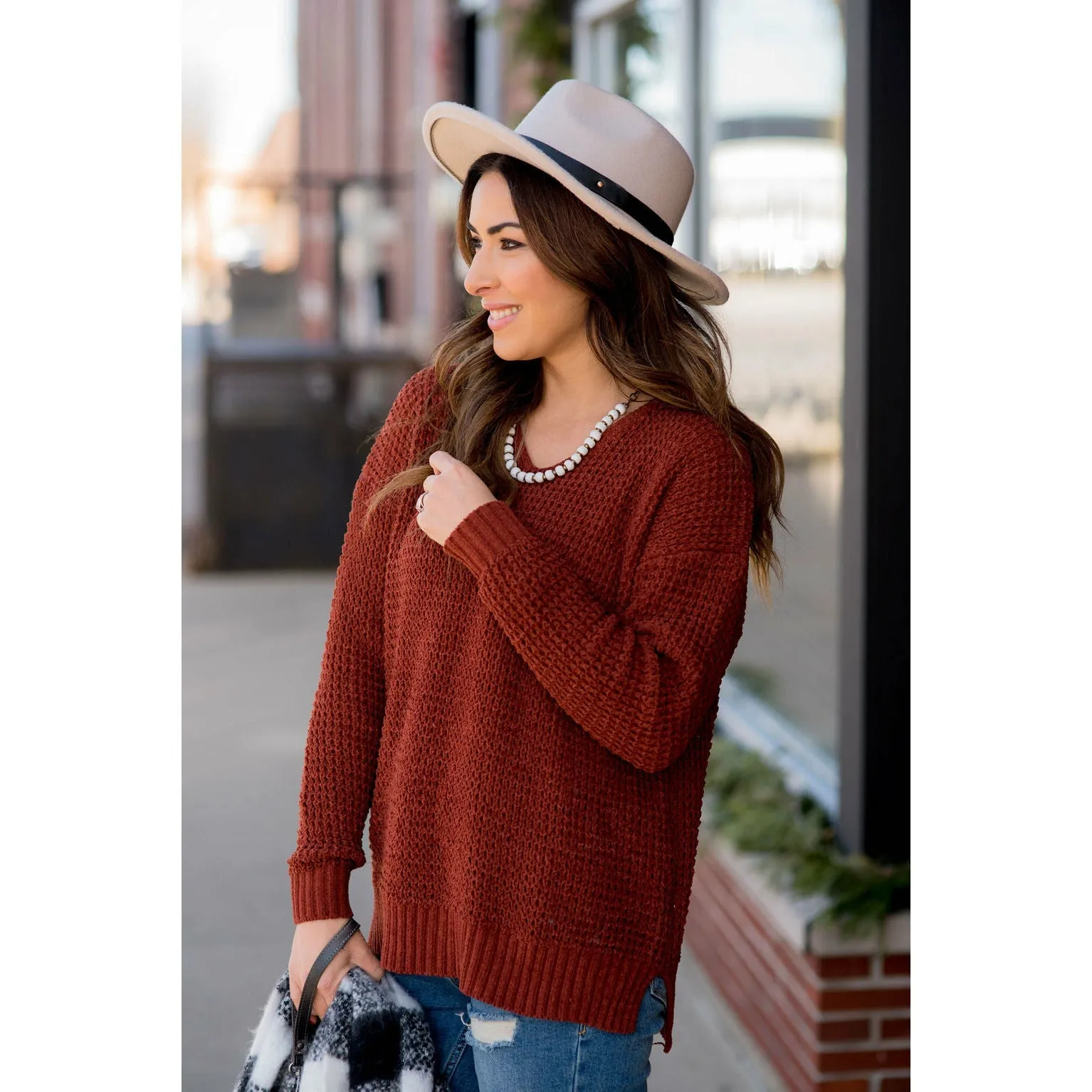 Ribbed Knit Side Slit Sweater