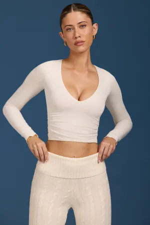 Ruched Long-Sleeve Crop Top in Cream