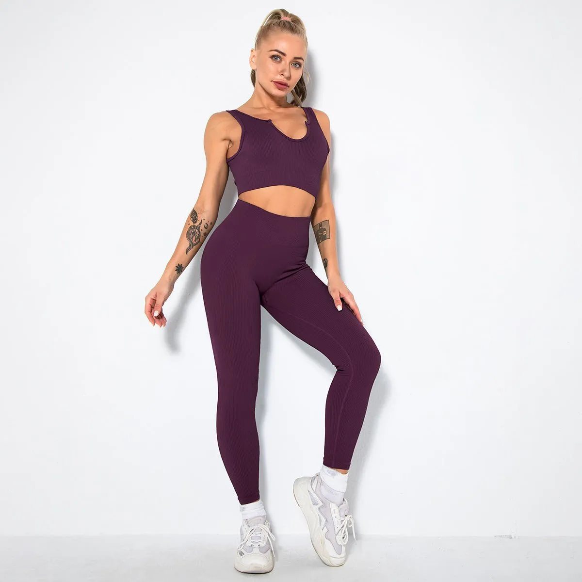 Seamless Sexy Fitness Yoga U V Neck Leggings Gym Wear Set - Women's 2 Piece Active Wear Set