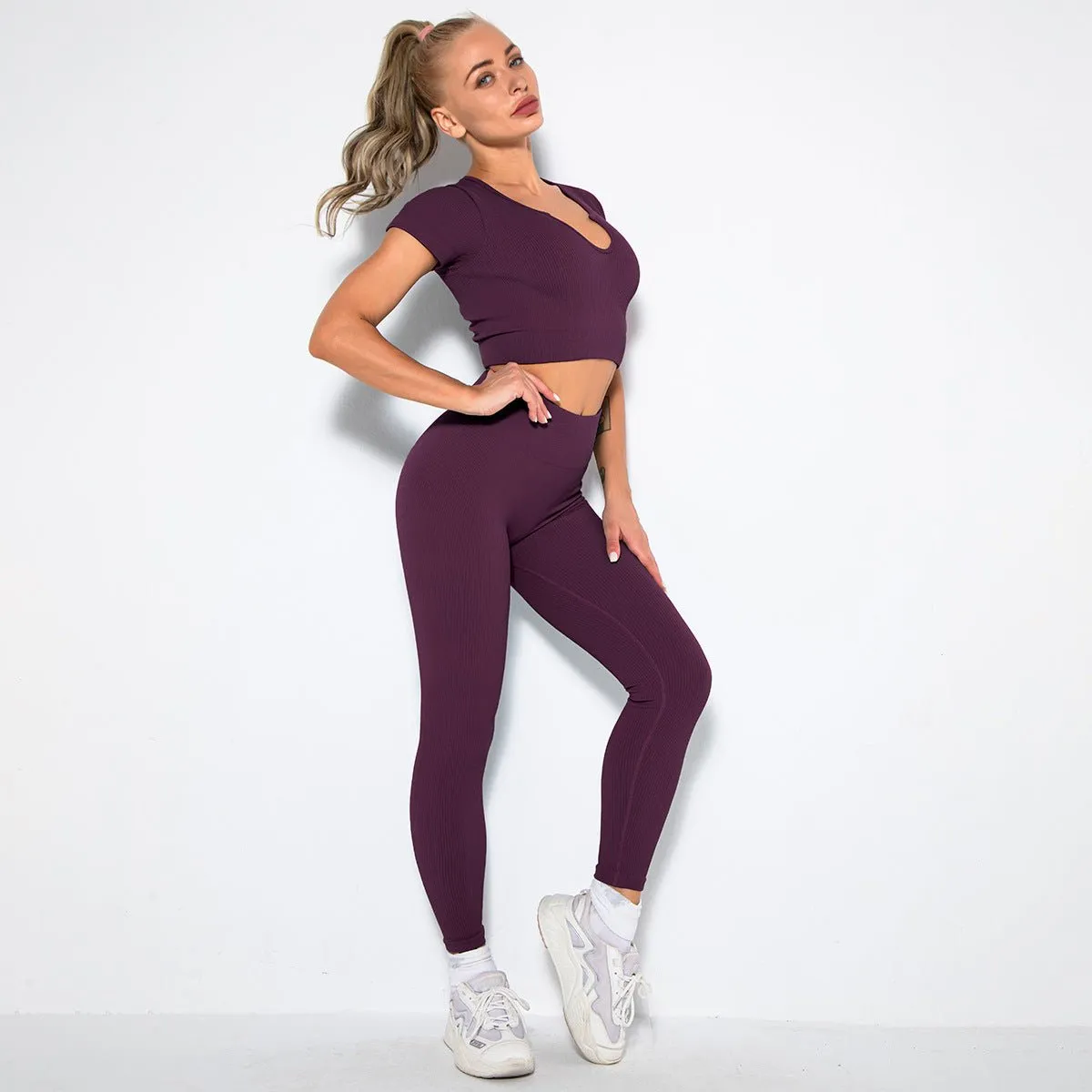 Seamless Sexy Fitness Yoga U V Neck Leggings Gym Wear Set - Women's 2 Piece Active Wear Set