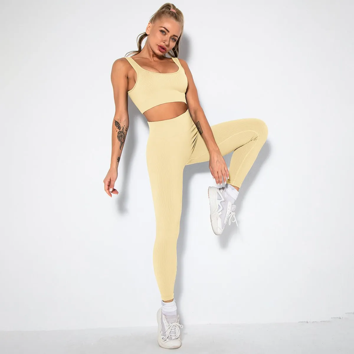 Seamless Sexy Fitness Yoga U V Neck Leggings Gym Wear Set - Women's 2 Piece Active Wear Set