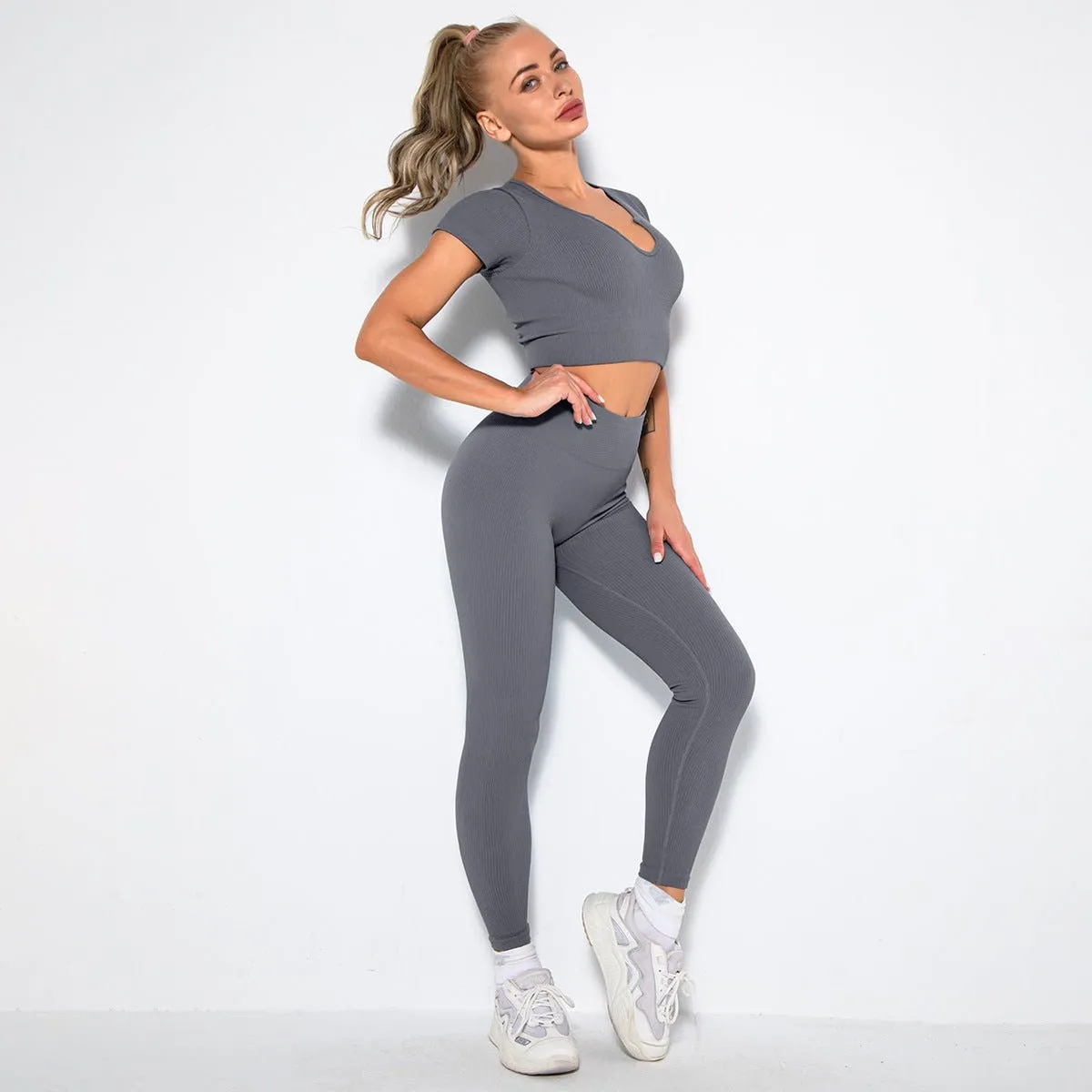 Seamless Sexy Fitness Yoga U V Neck Leggings Gym Wear Set - Women's 2 Piece Active Wear Set