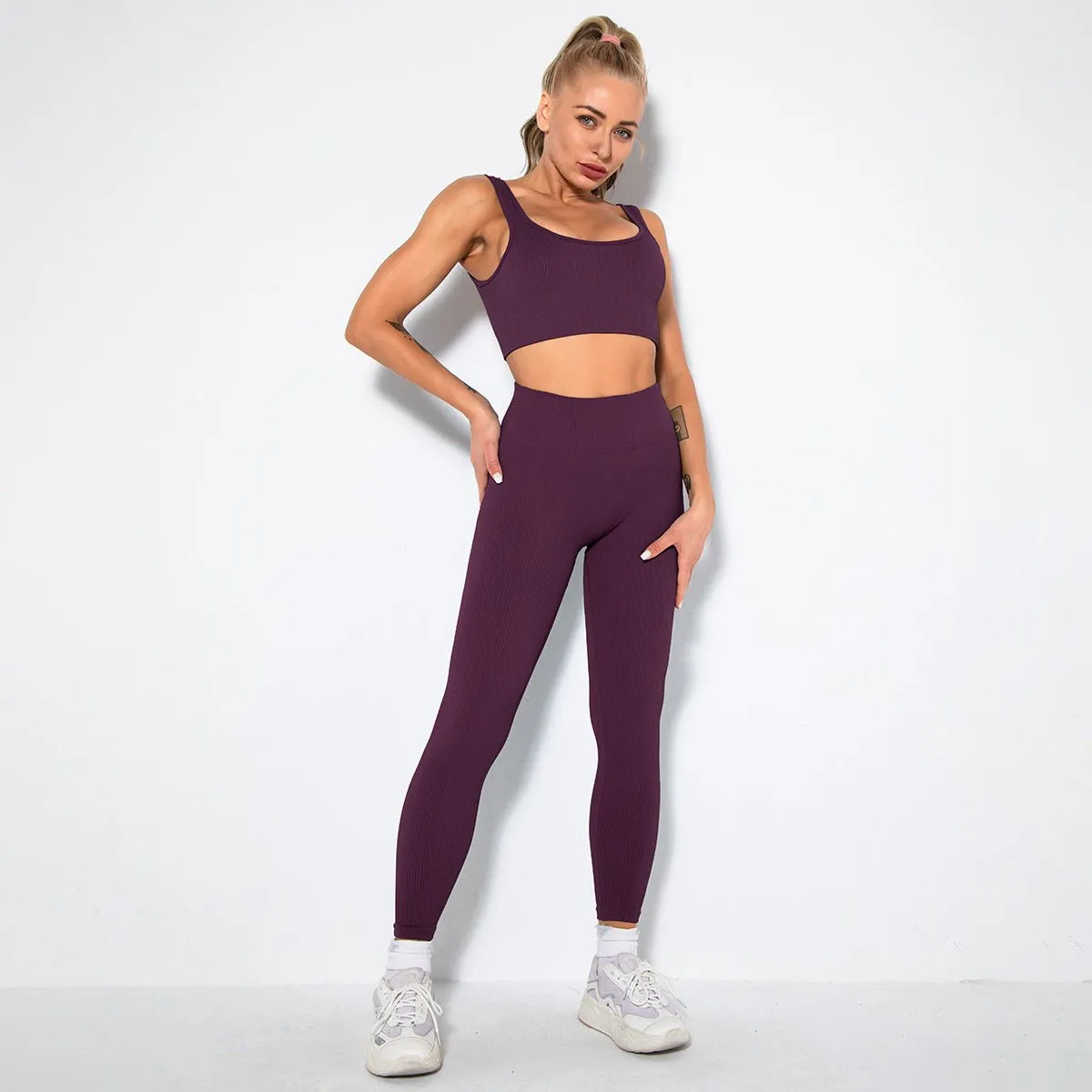 Seamless Sexy Fitness Yoga U V Neck Leggings Gym Wear Set - Women's 2 Piece Active Wear Set