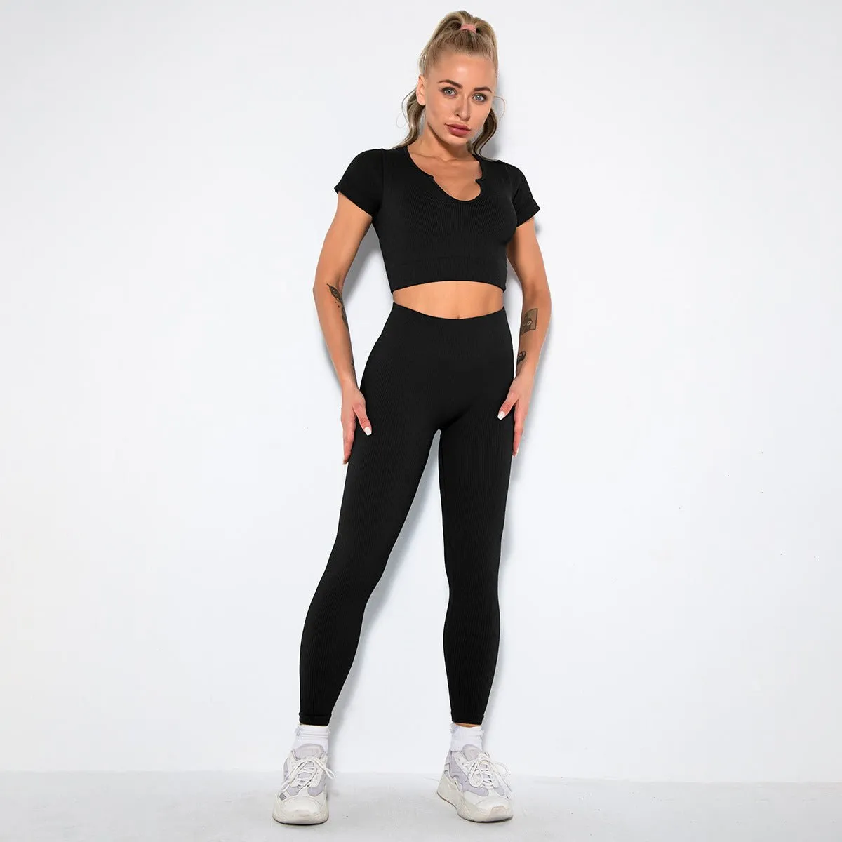 Seamless Sexy Fitness Yoga U V Neck Leggings Gym Wear Set - Women's 2 Piece Active Wear Set