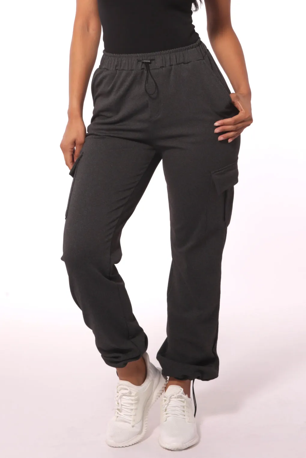 Straight Leg Cargo Pants With Bungee Cord Ties - Charcoal