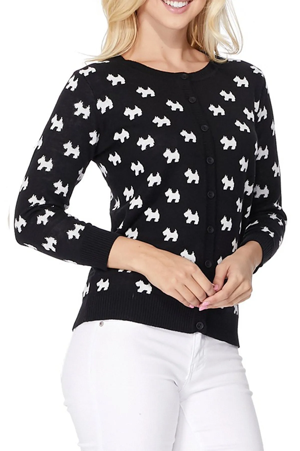 YEMAK Women's Cute Dog Patterned 3/4 Sleeve Crewneck Button Down Cardigan Sweater MK3675 (S-L)