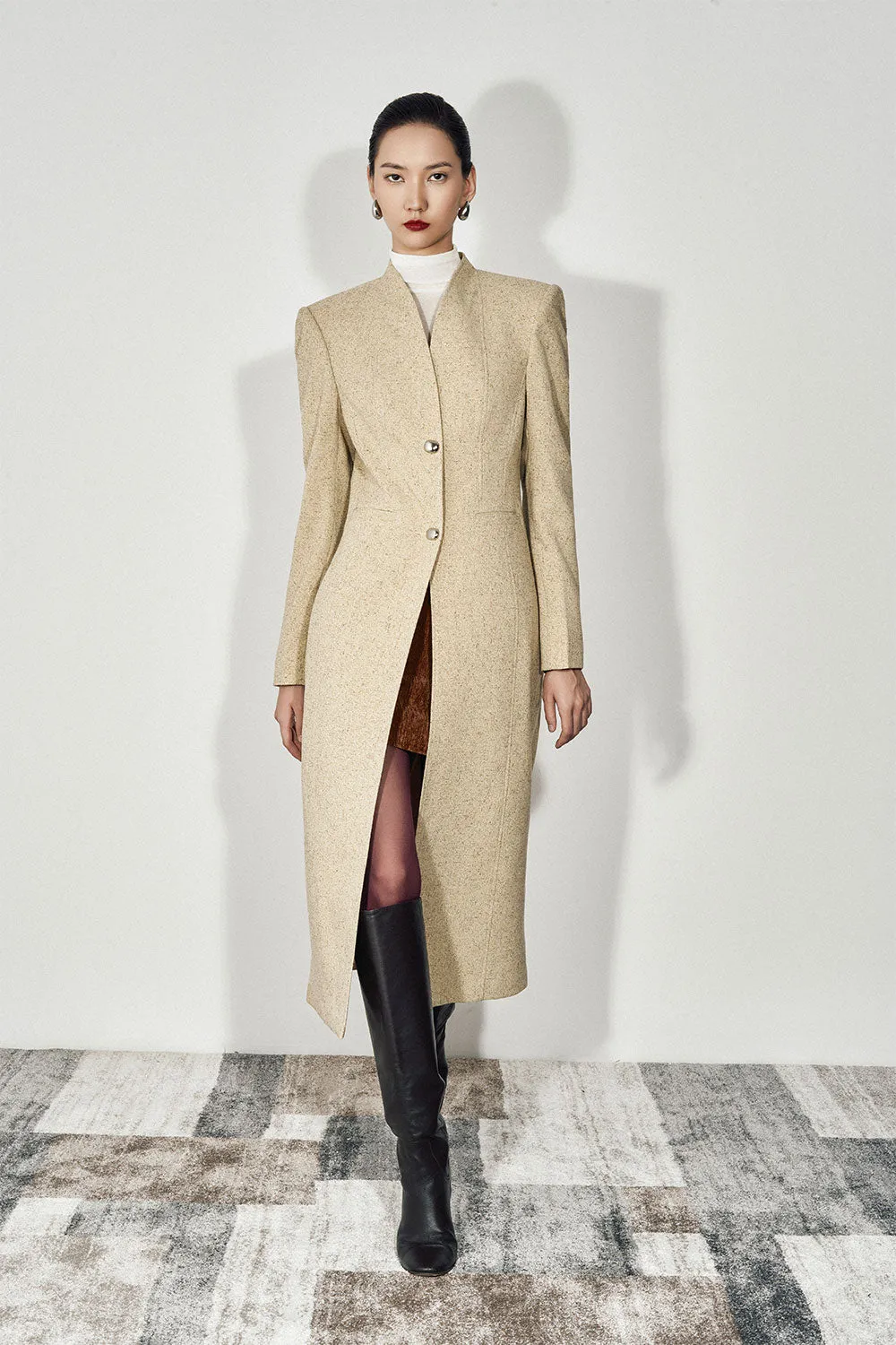 Zahara Straight Square Shoulder Wool Blend Calf Length Trench Coat