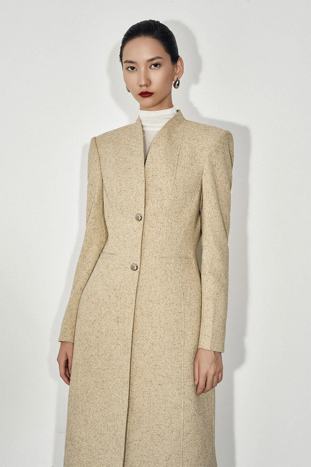 Zahara Straight Square Shoulder Wool Blend Calf Length Trench Coat